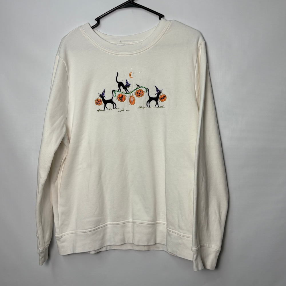 Vintage Style Halloween Embroidered Black Cat Pumpkin Sweatshirt Cream Women XL